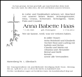 Traueranzeige von Anna Babette Haas von Hersbrucker Zeitung